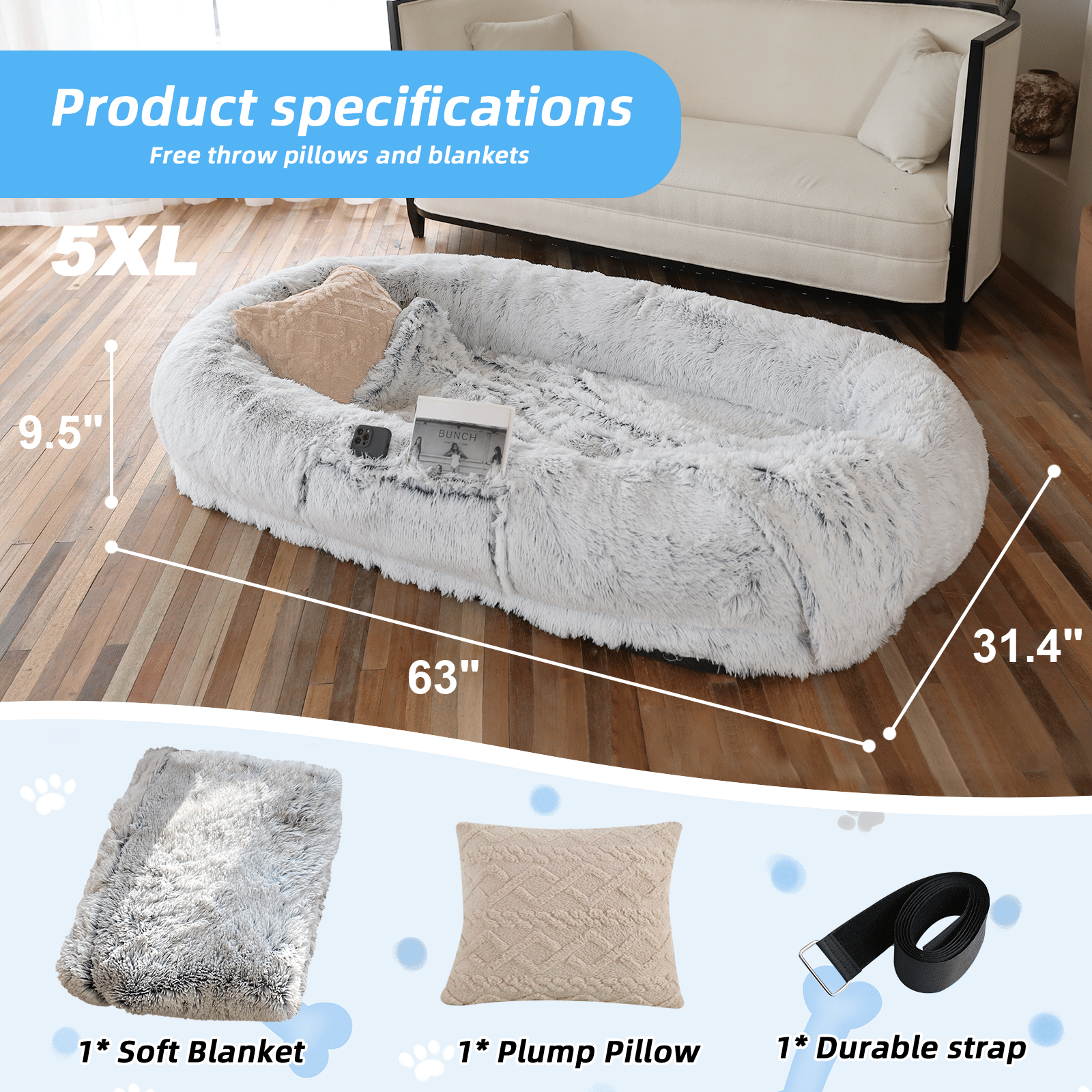 Human Dog Bed, Large Size Fits You and Pets, Washable Faux Fur Dog Bed for People Doze Off, Napping Orthopedic Dog Bed, Present Plump Pillow, Blanket, Strap - Spot