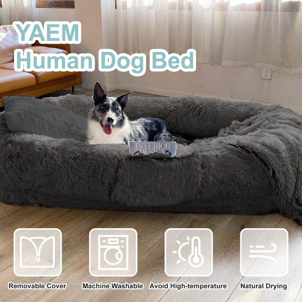 Human Dog Bed, Large Size Fits You and Pets, Washable Faux Fur Dog Bed for People Doze Off, Napping Orthopedic Dog Bed, Present Plump Pillow, Blanket, Strap - Spot