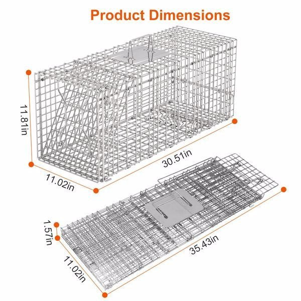 Humane Animal Trap Cage (30.51x11.02x11.81in) - Galvanized Sturdy Wire Mesh, Sensitive Trigger & Dual Doors, Handle Guard Plate, Collapsible for Raccoons, Opossums, Skunks Under 16.5lbs Indoor/Outdoor - Spot