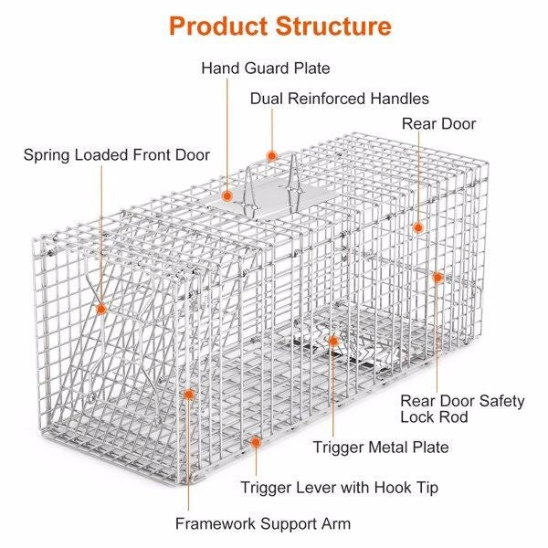 Humane Animal Trap Cage (30.51x11.02x11.81in) - Galvanized Sturdy Wire Mesh, Sensitive Trigger & Dual Doors, Handle Guard Plate, Collapsible for Raccoons, Opossums, Skunks Under 16.5lbs Indoor/Outdoor - Spot