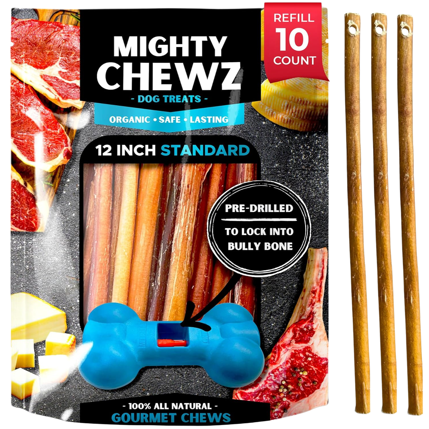 Mighty Chewz 12 Inch Standard Bully Sticks Refill Pack Pre Drilled - shop_name pets petsupplys