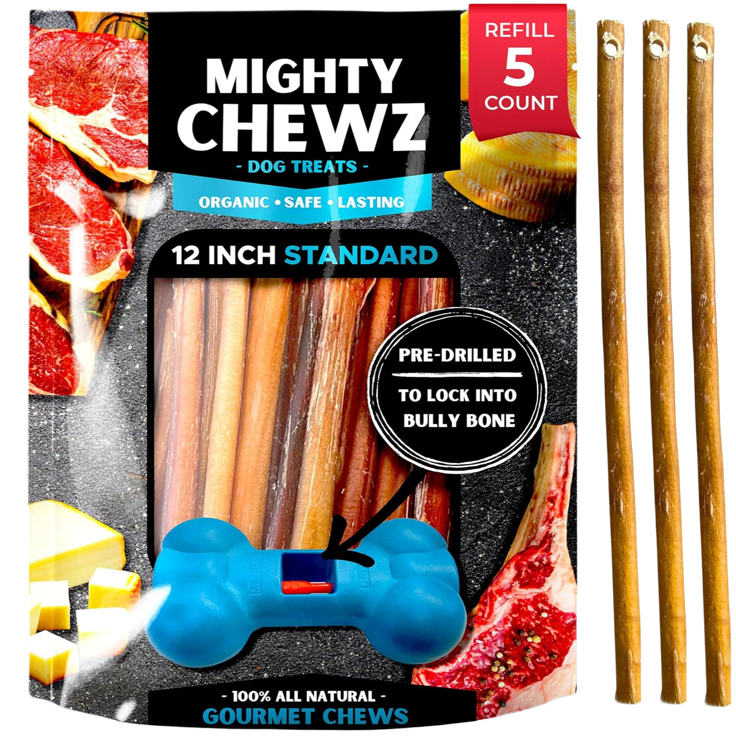 Mighty Chewz 12 Inch Standard Bully Sticks Refill Pack Pre Drilled - shop_name pets petsupplys