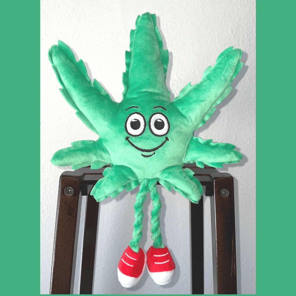 My Name is MJ, Cute Stuffed Parody Marijuana Leaf Dog Toy, Funny Squeaky Weed Toy, Cool Plush Novelty 420 Gift for Puppies & Small, Medium & Large Breeds, for Fetch & a Photo Prop, Shelf - Sitter - Spot