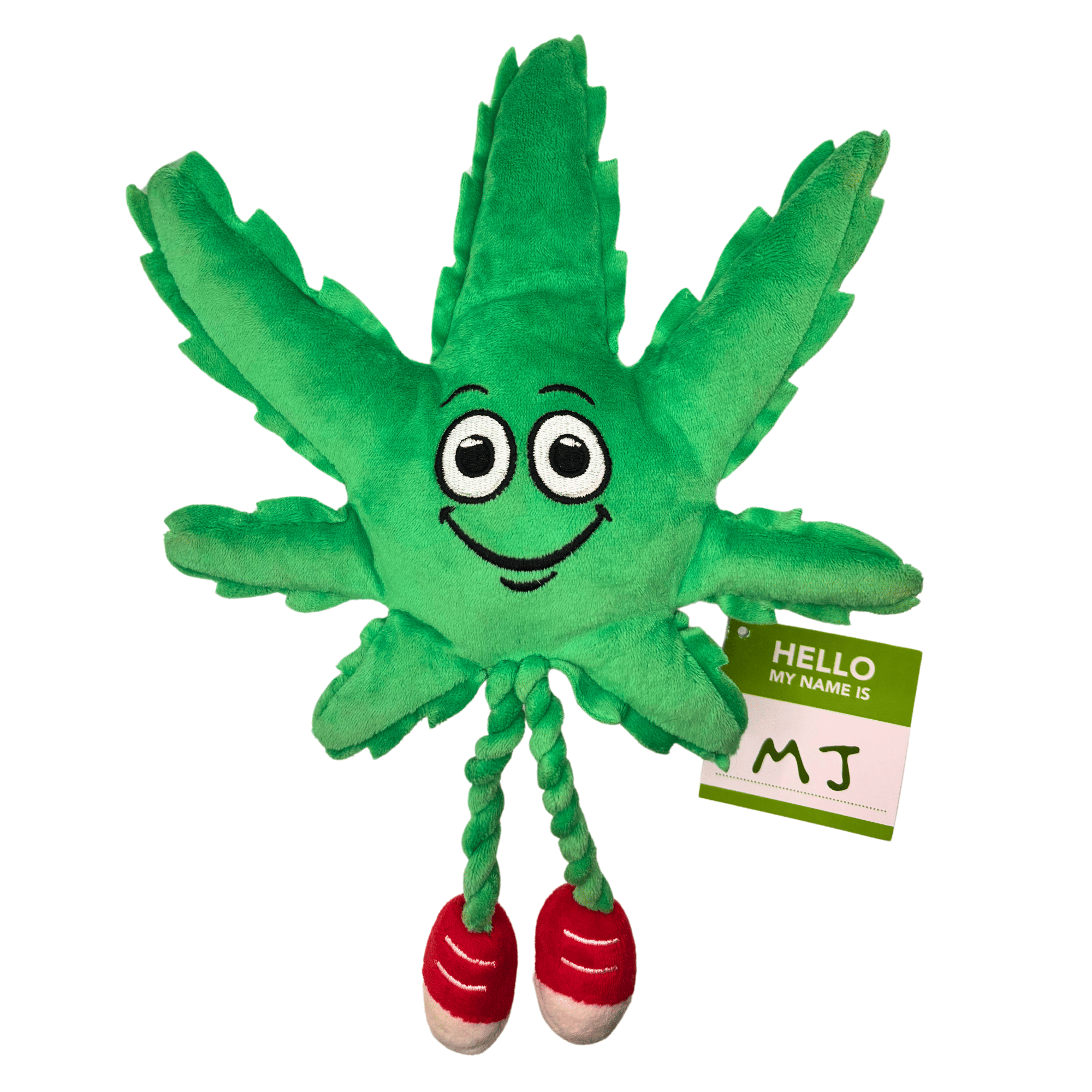 My Name is MJ, Cute Stuffed Parody Marijuana Leaf Dog Toy, Funny Squeaky Weed Toy, Cool Plush Novelty 420 Gift for Puppies & Small, Medium & Large Breeds, for Fetch & a Photo Prop, Shelf - Sitter - Spot