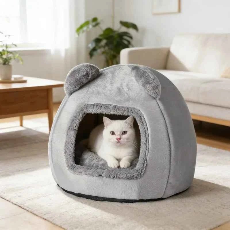 Bear Head Warm Plush Cat Bed Cozy Cave for Pets Indoor Pet House by Souths Cheap Stuff