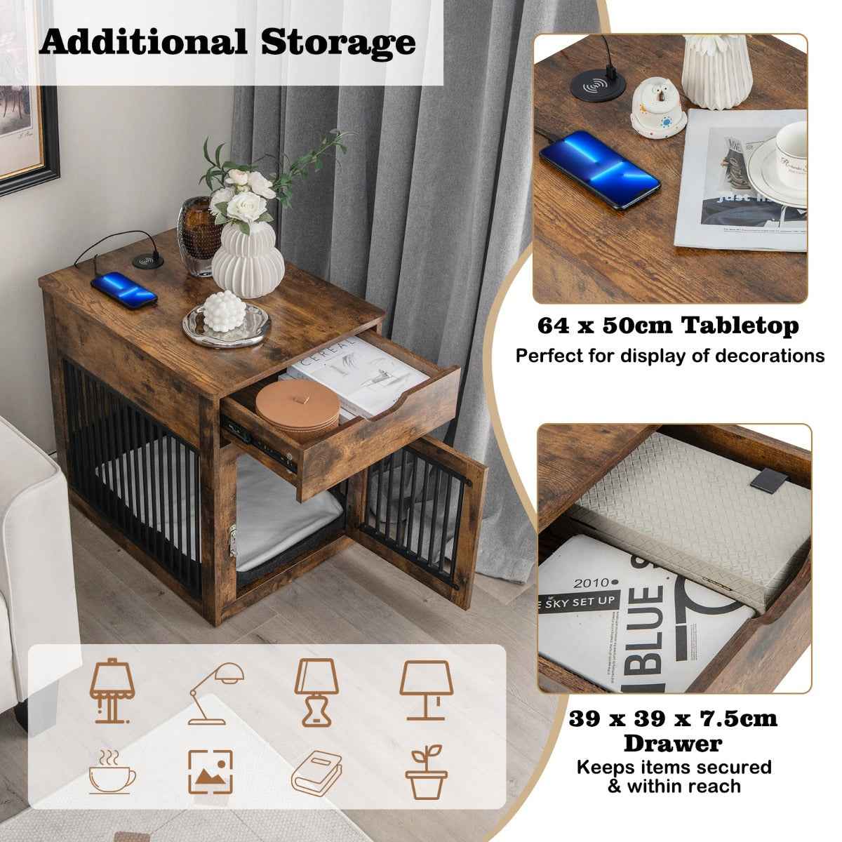 NNECW Furniture Style Dog Crate with Wired & Wireless Charging - shop_name pets petsupplys