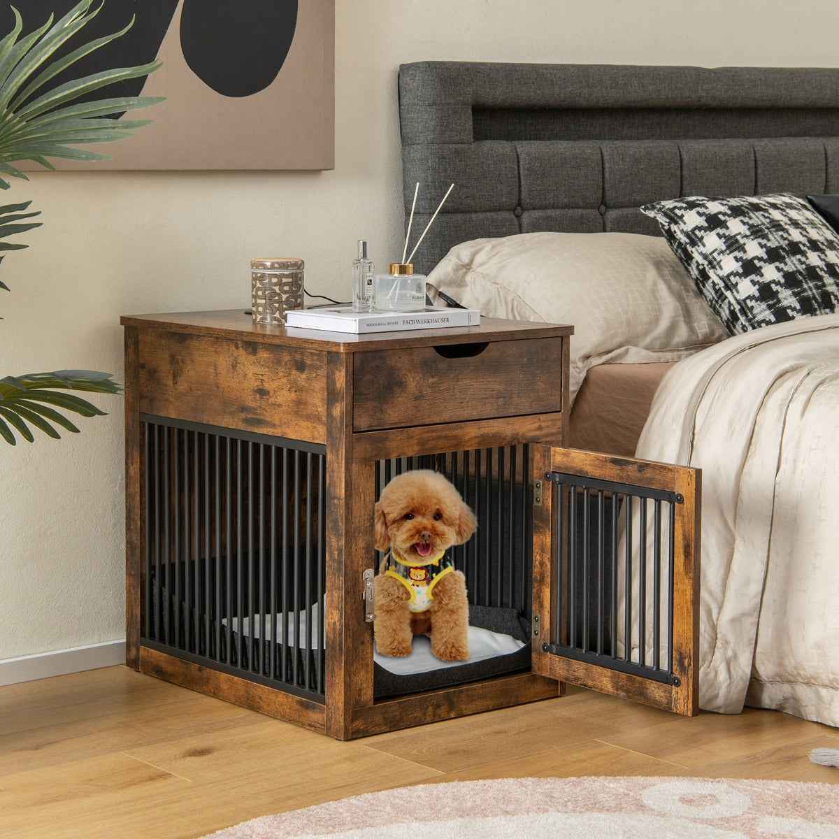 NNECW Furniture Style Dog Crate with Wired & Wireless Charging - shop_name pets petsupplys