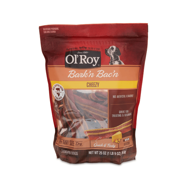 Ol'Roy Bark'n Bac'n Cheezy Dog Treats with Real Bacon & Cheese Chews, 25 oz Pouch - Spot