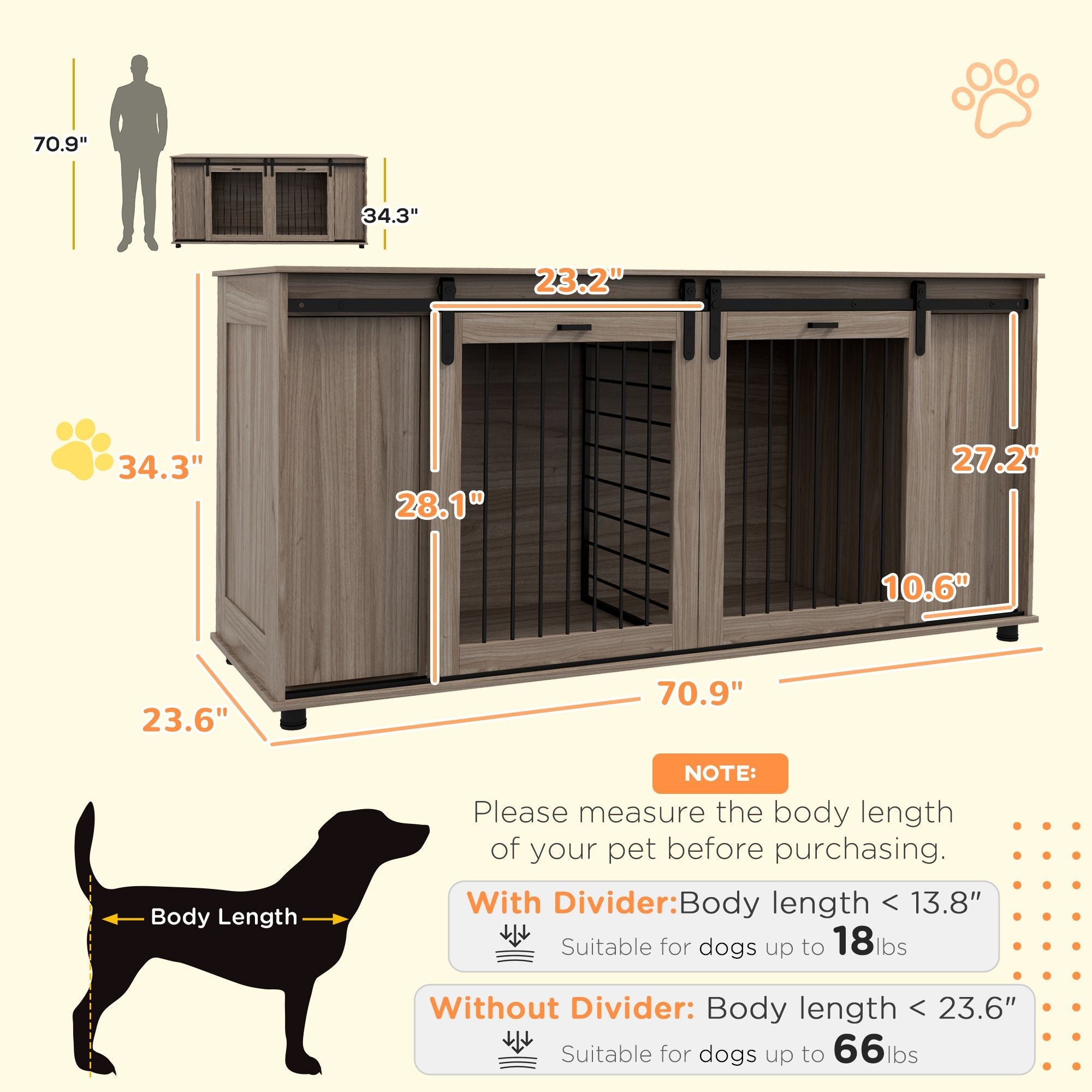 PawHut 71" Modern Dog Kennel Furniture with Removable Divider, Storage, for 2 Small Dogs or 1 Large Dog, Walnut - Spot