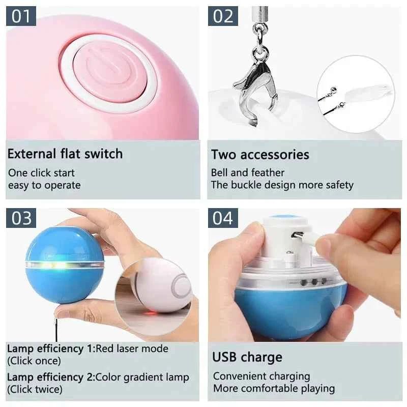 Smart Cat Color LED Feather Bell Toy Ball, Auto Ball Toy, Rotation USB Charging, Pet Accessories by Souths Cheap Stuff