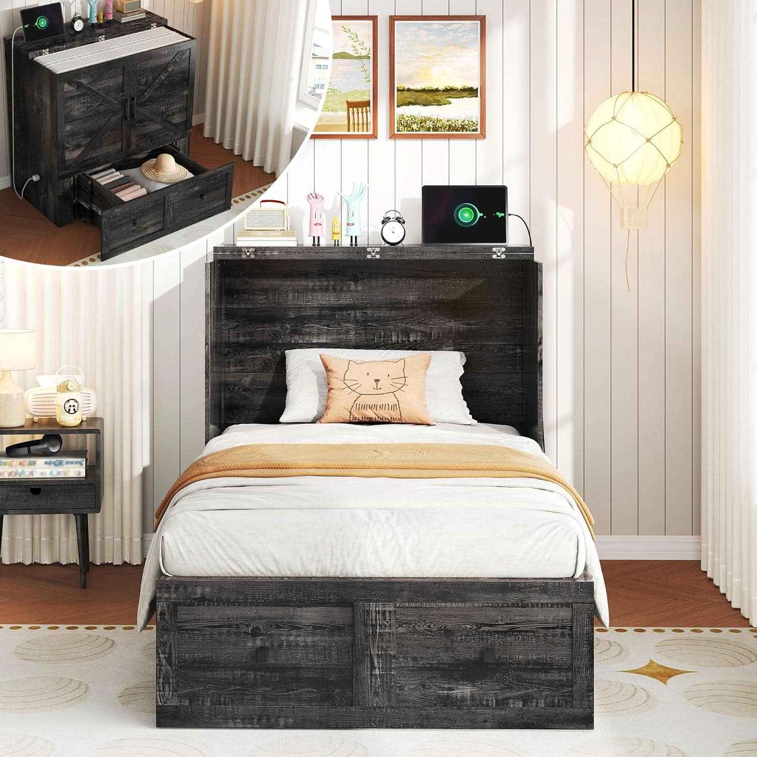 Twin Murphy Bed Black Oak Integrated Charging Drawer - shop_name pets petsupplys