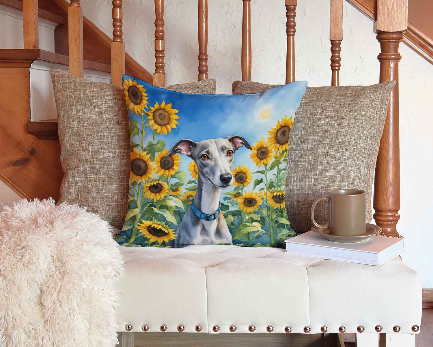 Whippet in Sunflowers Throw Pillow Outdoor Decorative Pillow - shop_name pets petsupplys