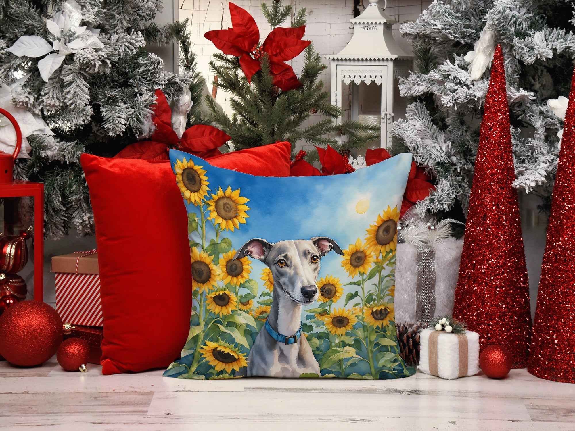 Whippet in Sunflowers Throw Pillow Outdoor Decorative Pillow - shop_name pets petsupplys