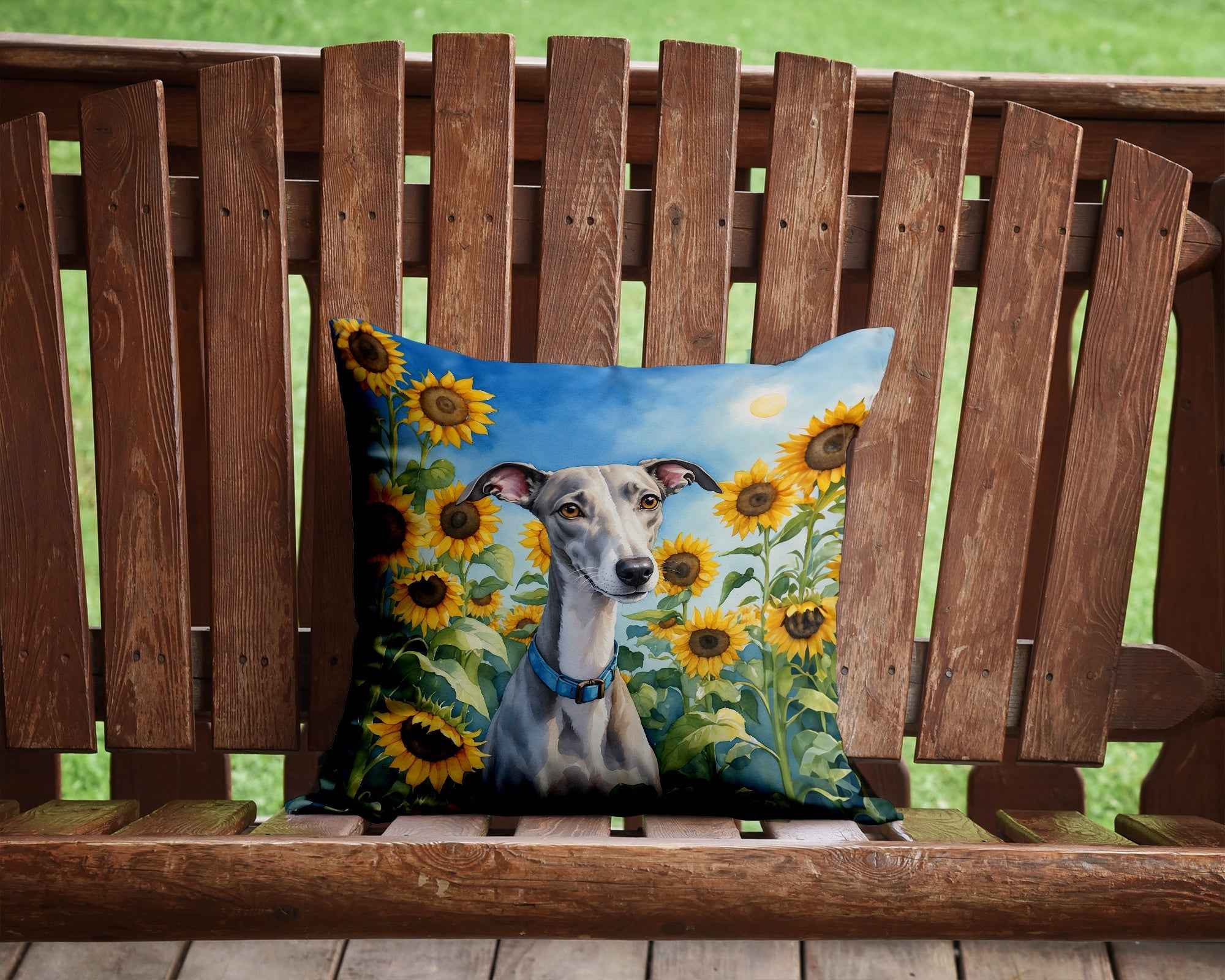 Whippet in Sunflowers Throw Pillow Outdoor Decorative Pillow - shop_name pets petsupplys