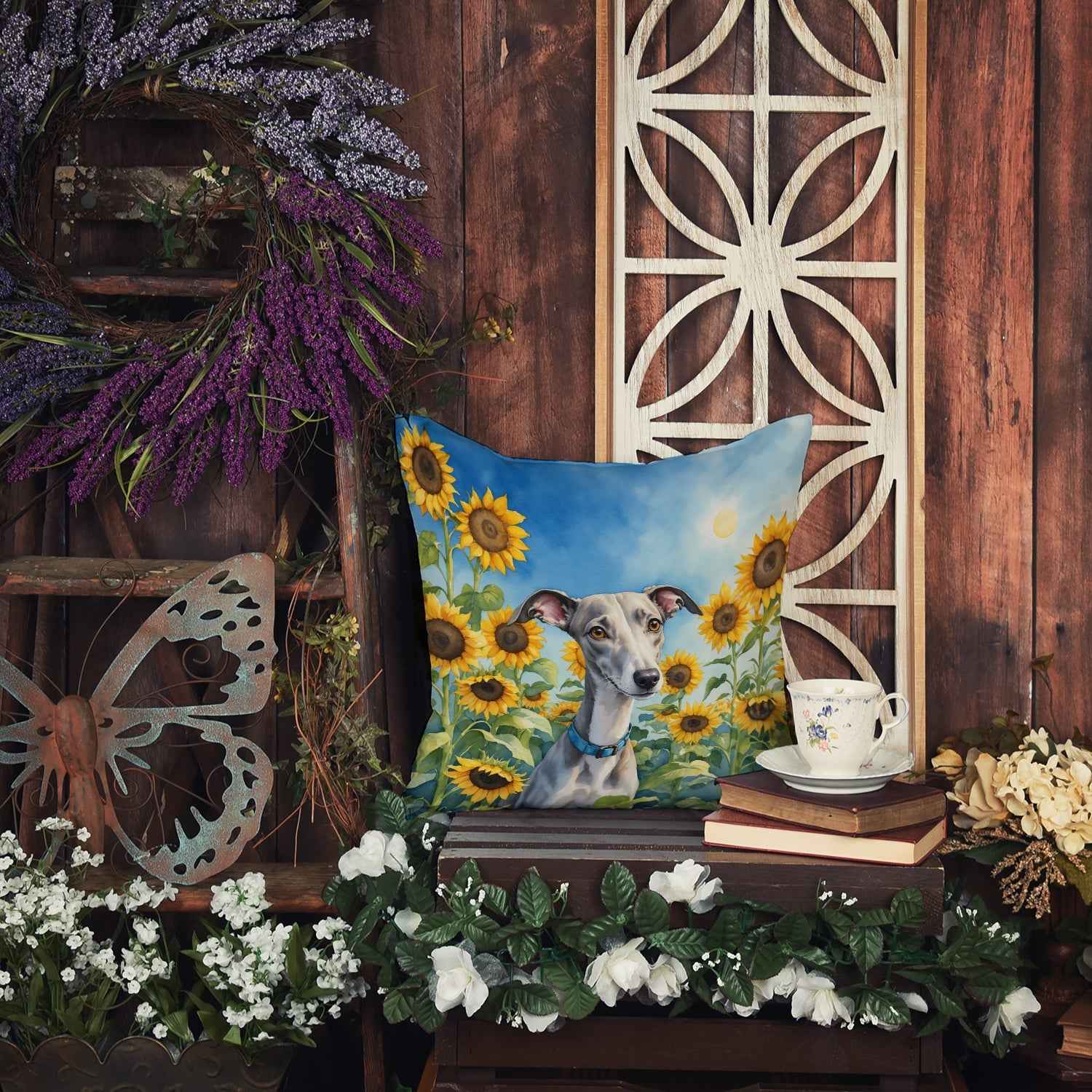 Whippet in Sunflowers Throw Pillow Outdoor Decorative Pillow - shop_name pets petsupplys