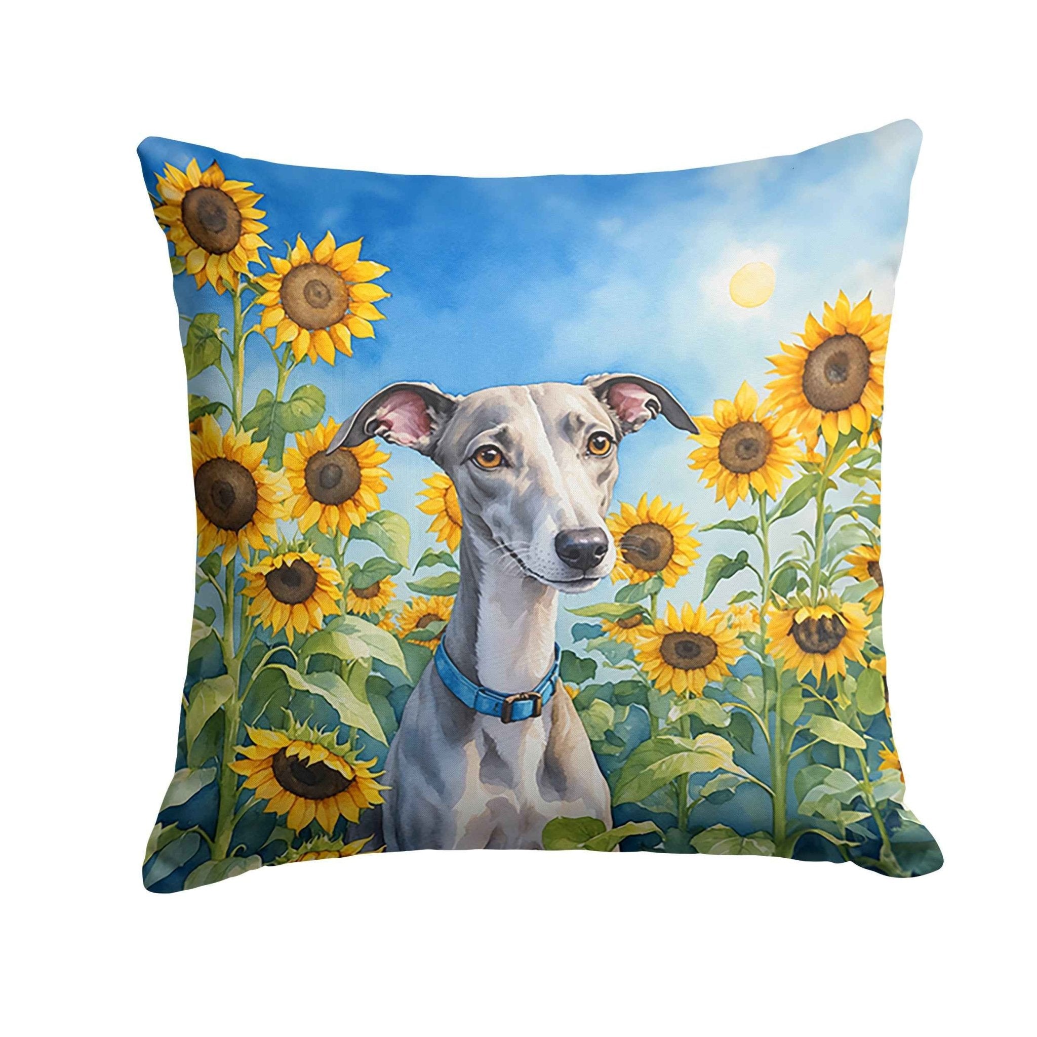 Whippet in Sunflowers Throw Pillow Outdoor Decorative Pillow - shop_name pets petsupplys